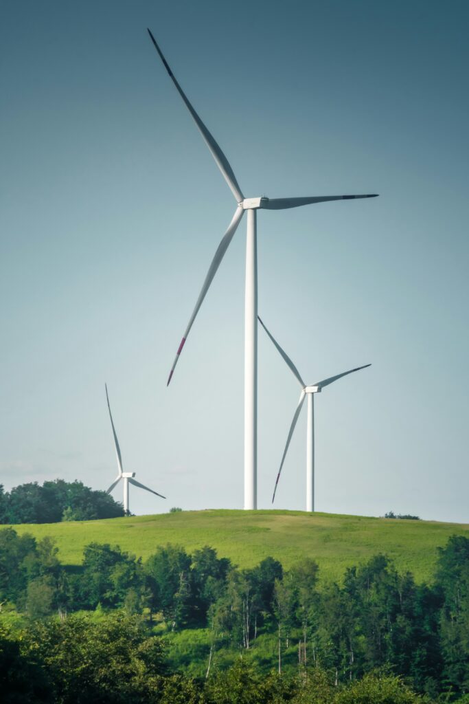 Windräder auf einer grünen Anhöhe